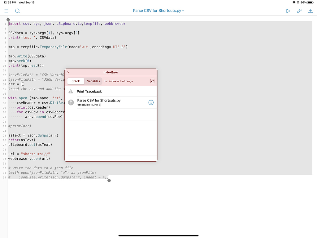 Need Simple Csv Conversion To Json In Siri Shortcuts Using Pythonista W Sample Data Failed Python Script Shortcuts Automators Talk